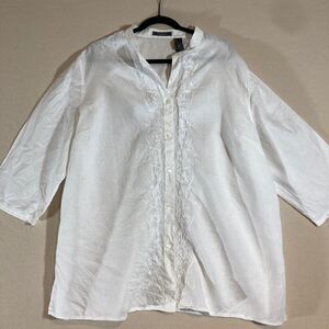 Liz Claiborne Linen Top 3X White Embroidery Button Up 3/4 Sleeve Country Coastal